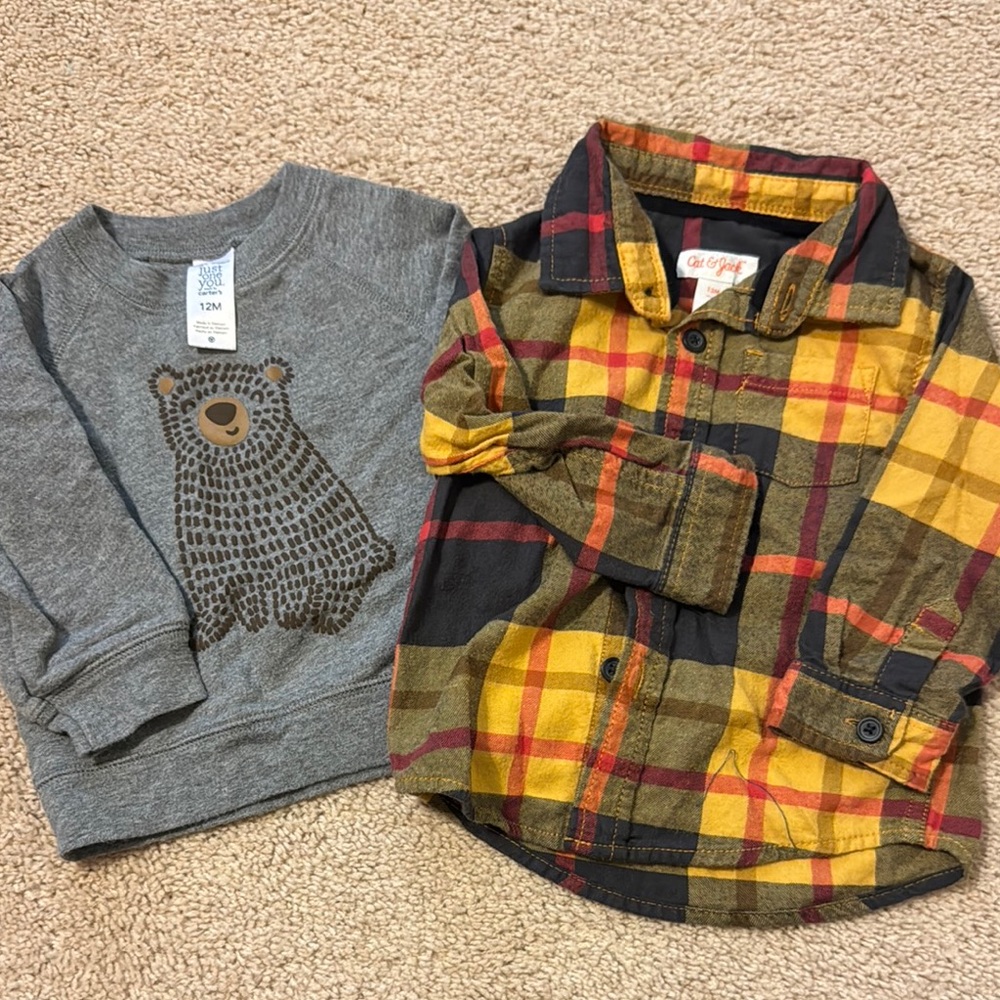 Cozy Bear Graphic Sweatshirt and Plaid Flannel Shirt Set